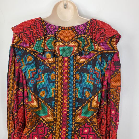 Farm Rio Yawanawa Stripes Long Sleeve Maxi Ankle Dress Red Brown Size Small New - Picture 6 of 13